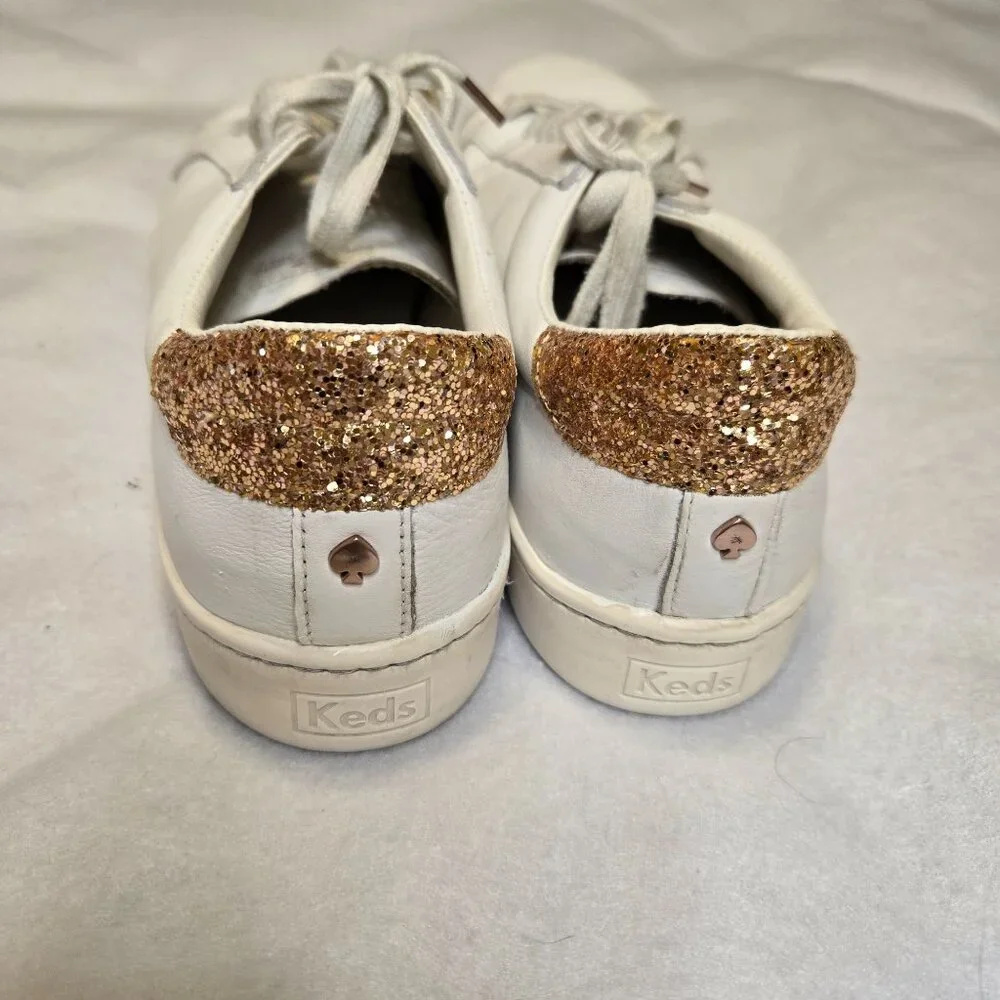 Keds For Kate Spade White Leather Sneakers Shoes Rose Gold Glitter Women's‎ Size